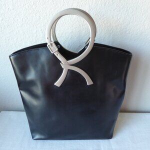 Roberta Di Camerino Black Genuine Leather Silver Metal Handle Hand Bag NEW ITALY